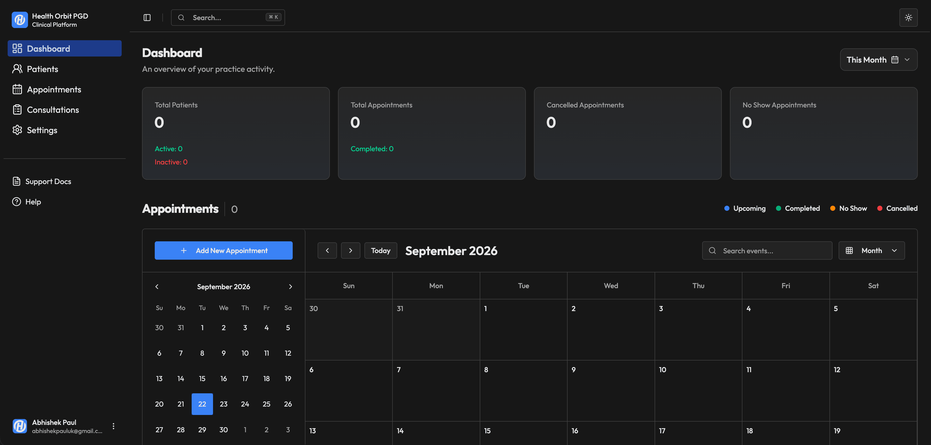 Health Orbit PGD dashboard preview in dark mode