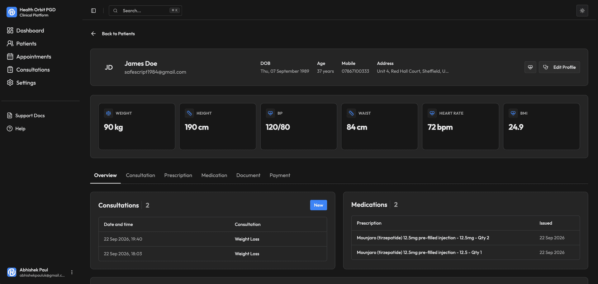 Health Orbit PGD clinical dashboard - Dark Mode